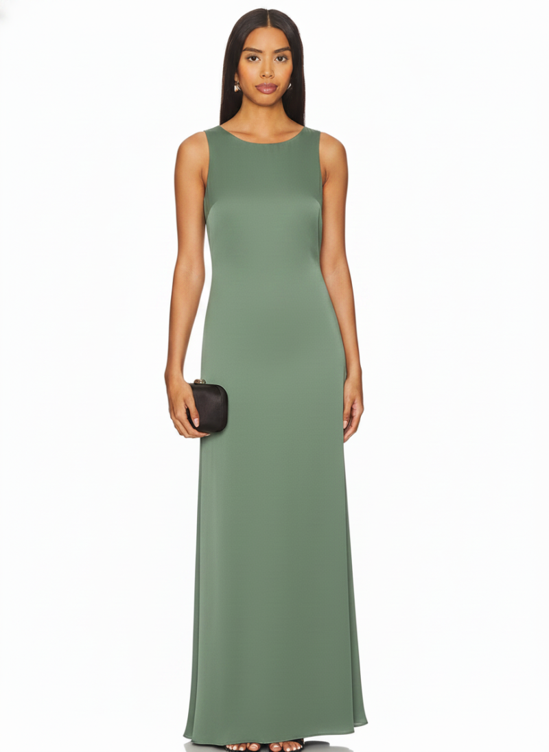 elegant-flowy-maxi-dress-green-1 Model wearing an elegant flowy maxi dress in a light, soft fabric, perfect for comfort and style. - green