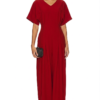Model wearing a stylish modest midi dress with long sleeves and a high neckline in a subtle floral pattern. - red